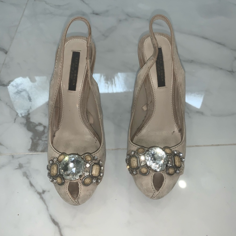 Zara real suede nude jewel heels